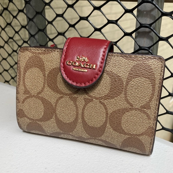 Coach Handbags - Coach Signature Medium Corner Zip Wallet Khaki Brown Tan Cherry Red Snap Button